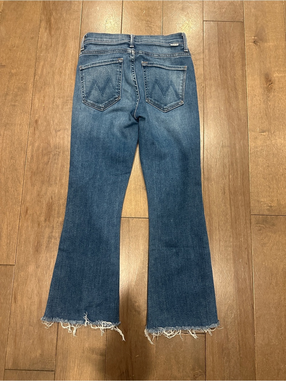 MOTHER Blue Denim Flare Jeans with Frayed Hem “the weekender”